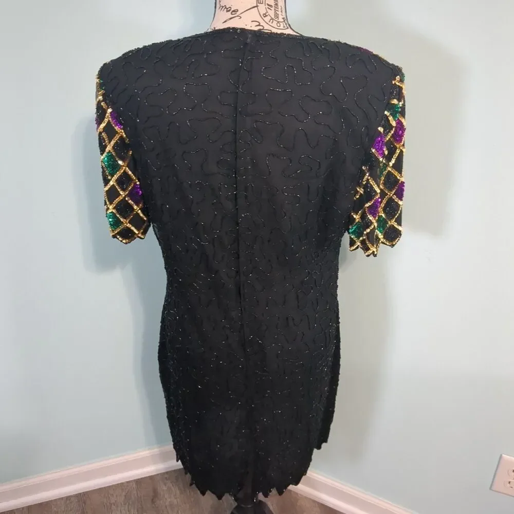 Mark & John by Gopal Silk Dress large Black Sequin Beaded Evening Cocktail Gown